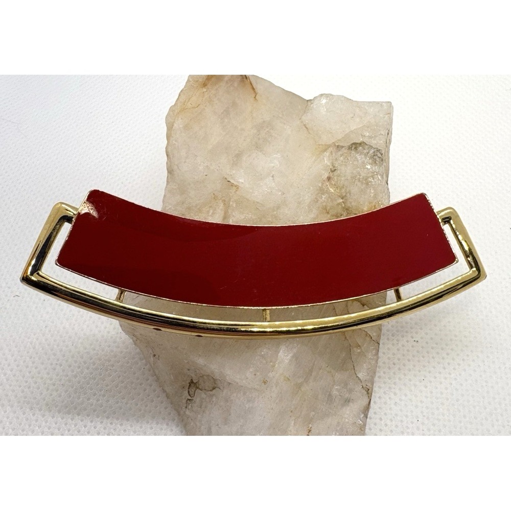 Vintage Monet Signed Red‎ Enamel Gold Tone Modernist Geometric Brooch Pin Retro